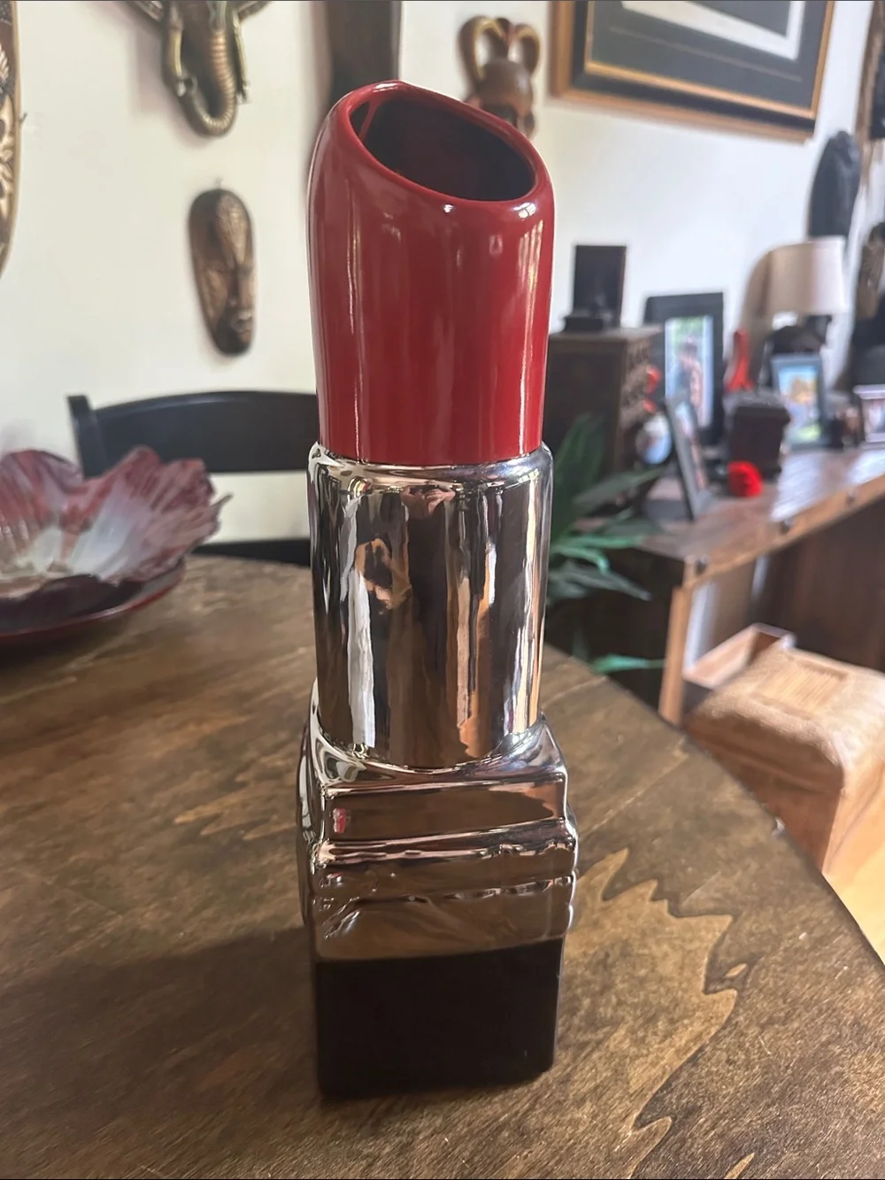 Red & Silver Large Lipstick-Shaped Decorative ceramic Vase